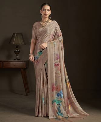 beige stylish digital printed silk blend crepe saree trendy looks 1