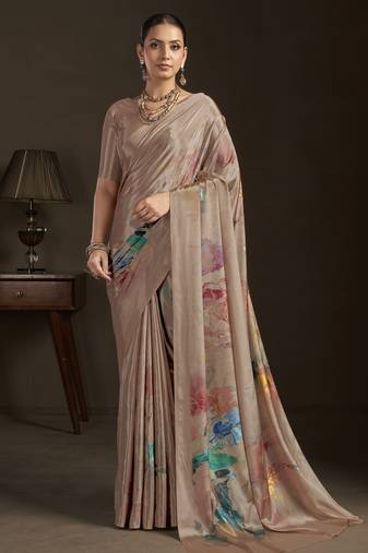 beige color stylish digital printed silk blend crepe fabric saree for trendy looks