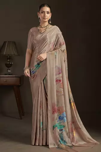 beige color stylish digital printed silk blend crepe fabric saree for trendy looks