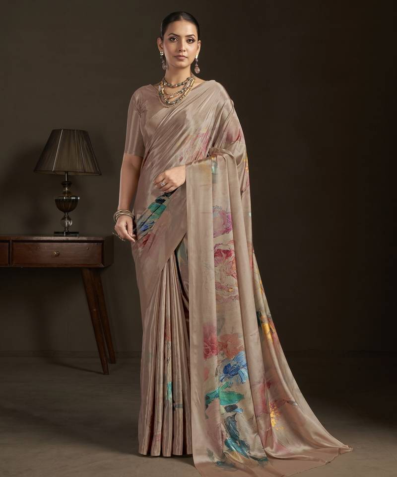 beige color stylish digital printed silk blend crepe fabric saree for trendy looks