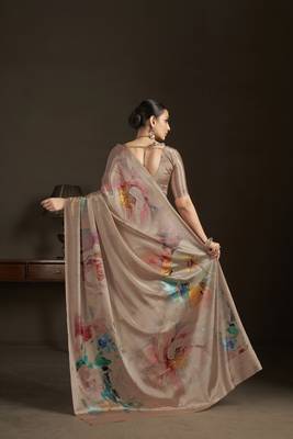 beige stylish digital printed silk blend crepe saree trendy looks 2