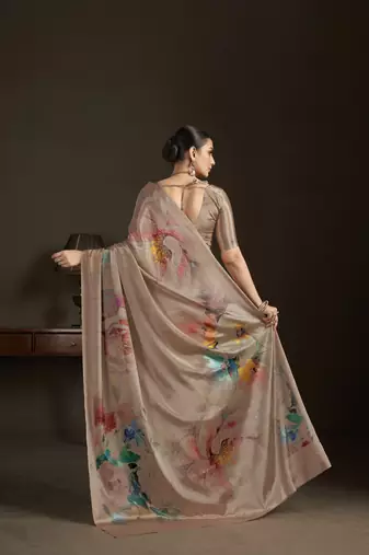 beige stylish digital printed silk blend crepe saree trendy looks