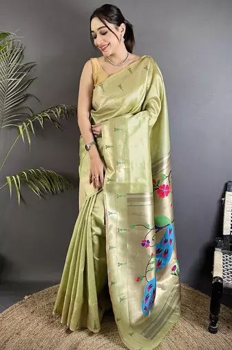 peacock & floral motifs pista green tissue paithani saree