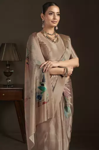beige stylish digital printed silk blend crepe saree trendy looks