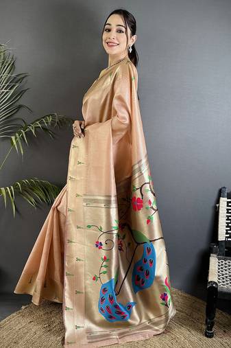 peacock & floral motifs peach tissue paithani saree