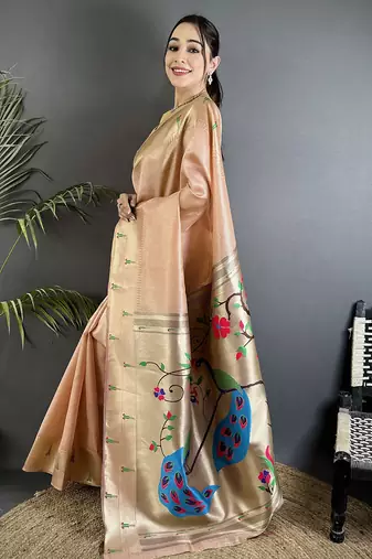 peacock & floral motifs peach tissue paithani saree