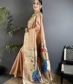 peacock & floral motifs peach tissue paithani saree