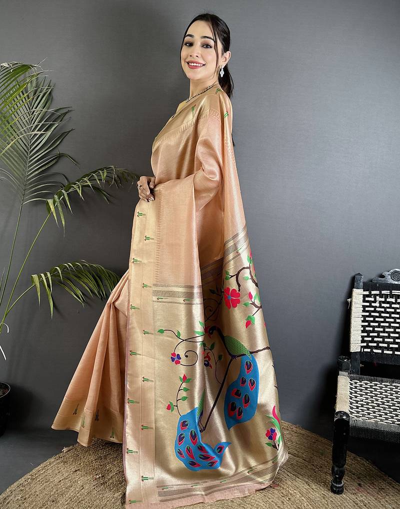 peacock & floral motifs peach tissue paithani saree