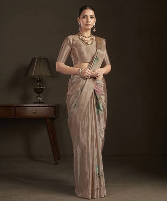 beige stylish digital printed silk blend crepe saree trendy looks 4