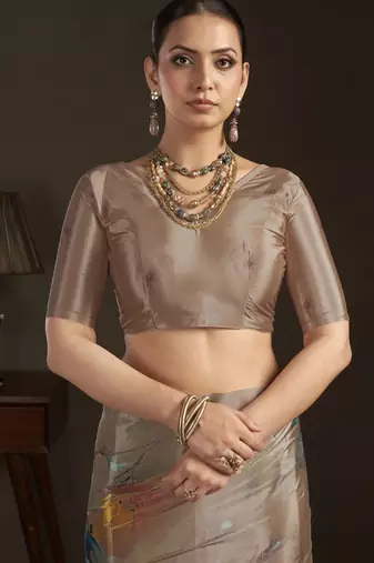 beige stylish digital printed silk blend crepe saree trendy looks