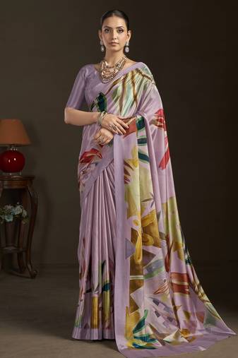 purple color stylish digital printed silk blend crepe fabric saree for trendy looks