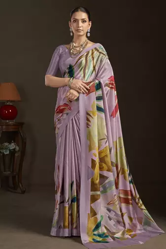 purple color stylish digital printed silk blend crepe fabric saree for trendy looks