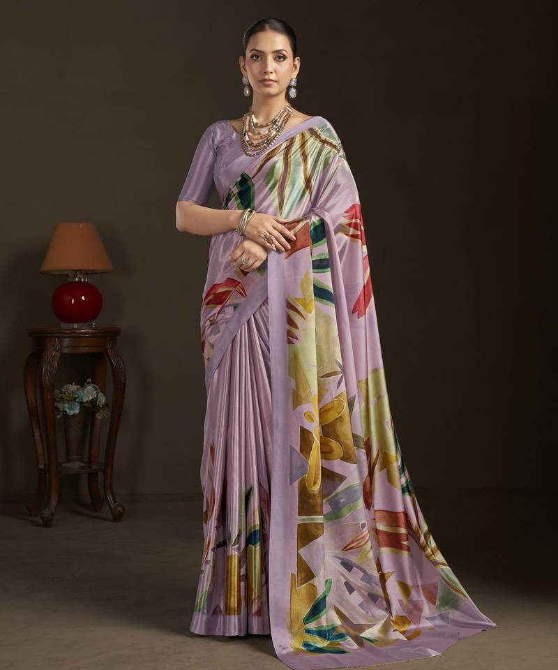 purple color stylish digital printed silk blend crepe fabric saree for trendy looks