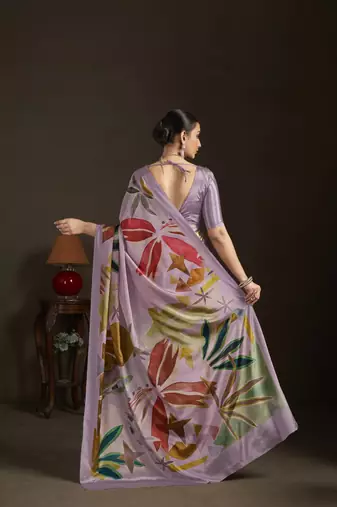 purple stylish digital printed silk blend crepe saree trendy looks