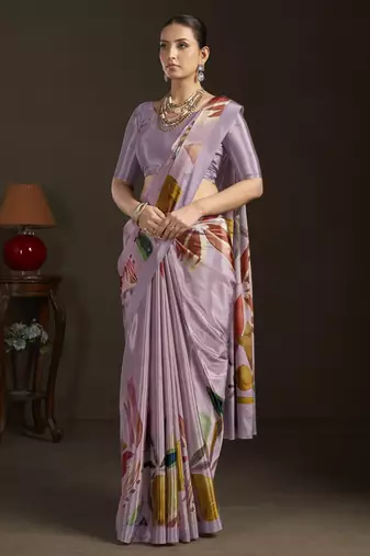 purple stylish digital printed silk blend crepe saree trendy looks