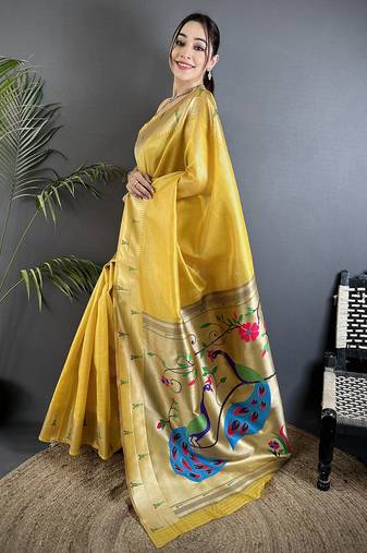 peacock & floral motifs yellow tissue paithani saree