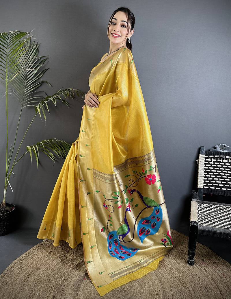 peacock & floral motifs yellow tissue paithani saree