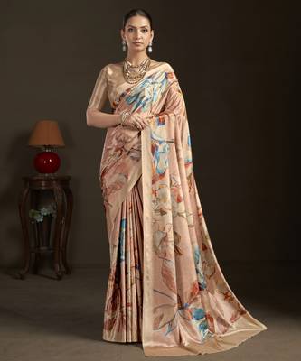 peach stylish digital printed silk blend crepe saree trendy looks 1