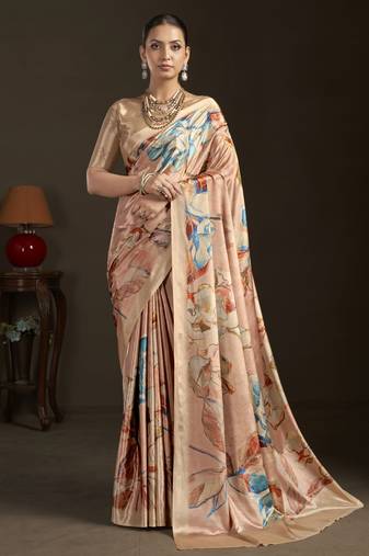 peach color stylish digital printed silk blend crepe fabric saree for trendy looks