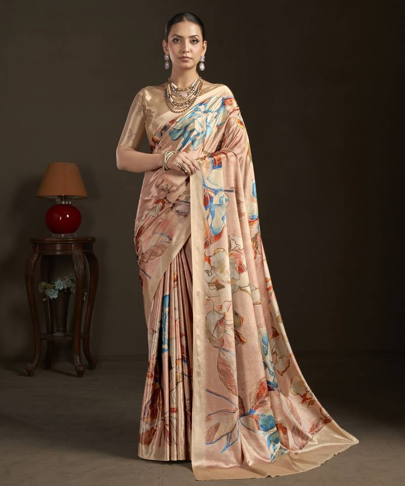 peach color stylish digital printed silk blend crepe fabric saree for trendy looks