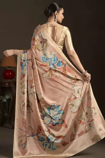 peach stylish digital printed silk blend crepe saree trendy looks