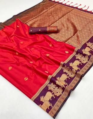 Red pure saree with matching blouse 4