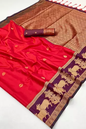 Red pure saree with matching blouse