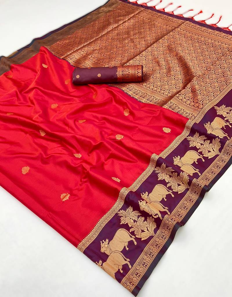 Red pure handloom saree with matching blouse