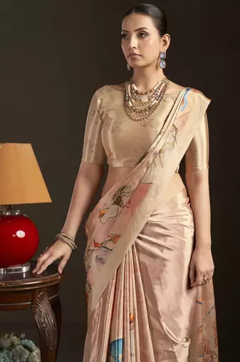 peach stylish digital printed silk blend crepe saree trendy looks