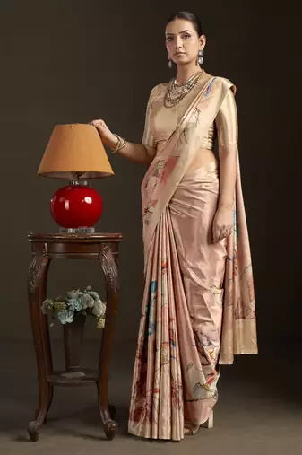peach stylish digital printed silk blend crepe saree trendy looks