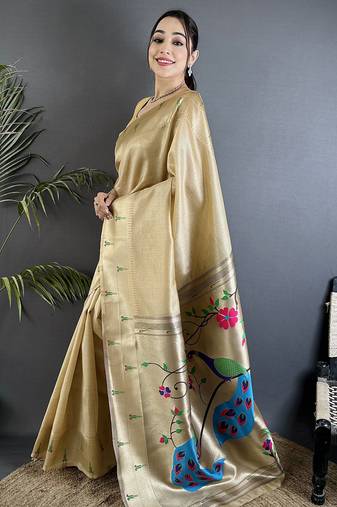 peacock & floral motifs ivory tissue paithani saree