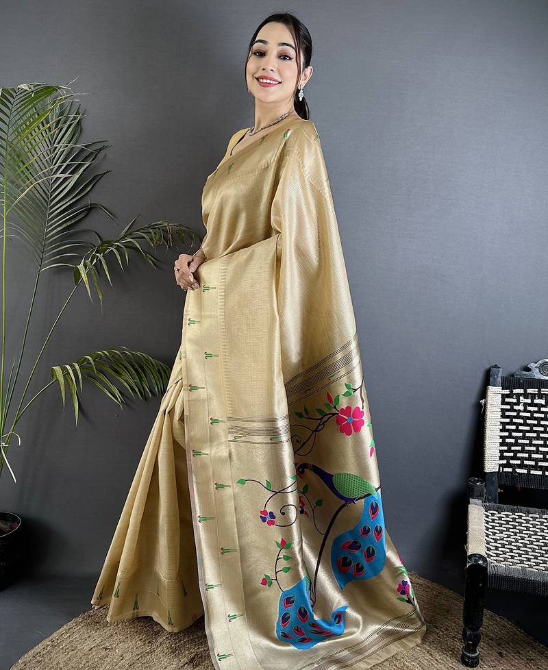 peacock & floral motifs ivory tissue paithani saree