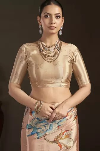 peach stylish digital printed silk blend crepe saree trendy looks