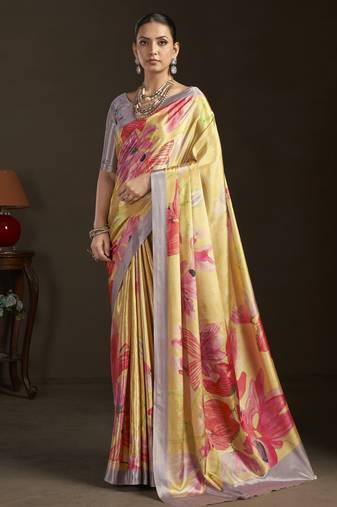 yellow color stylish digital printed silk blend crepe fabric saree for trendy looks