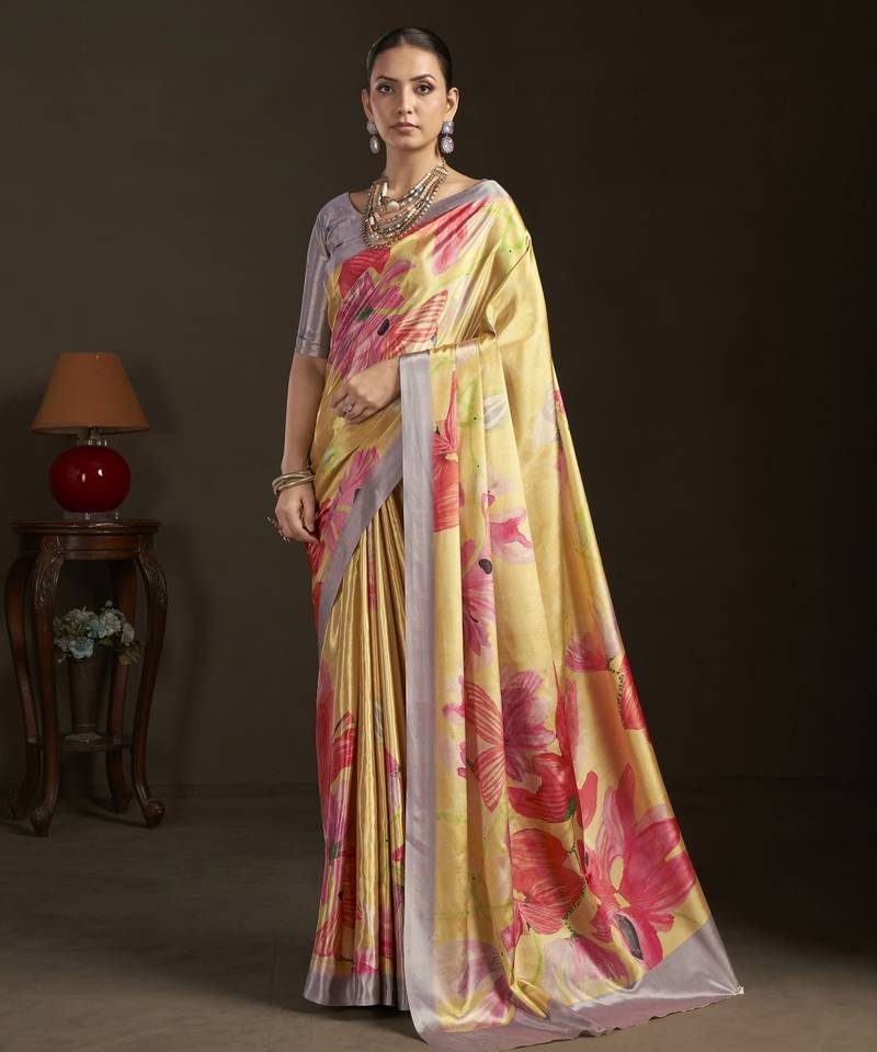 yellow color stylish digital printed silk blend crepe fabric saree for trendy looks