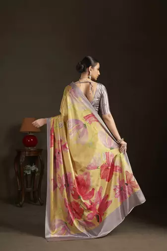 yellow stylish digital printed silk blend crepe saree trendy looks