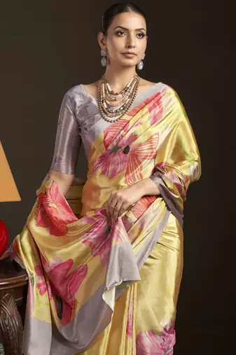 yellow stylish digital printed silk blend crepe saree trendy looks