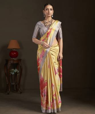 yellow stylish digital printed silk blend crepe saree trendy looks 4