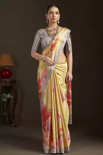yellow stylish digital printed silk blend crepe saree trendy looks
