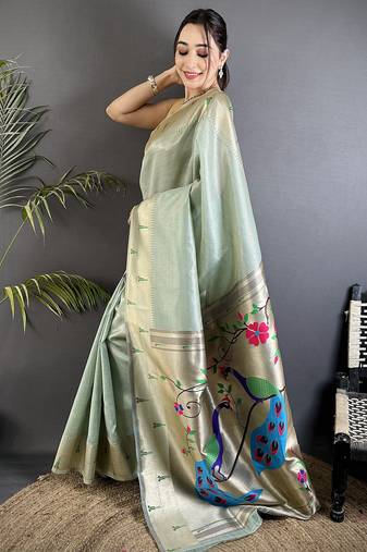 peacock & floral motifs pale blue tissue paithani saree