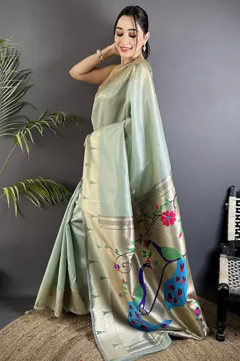 peacock & floral motifs pale blue tissue paithani saree