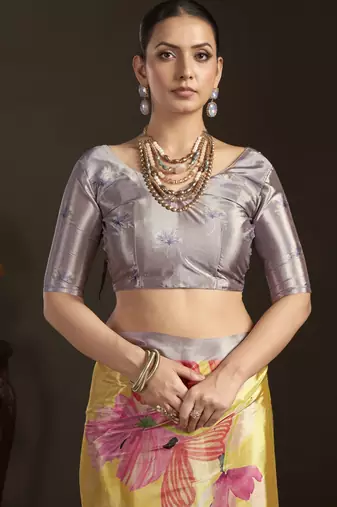 yellow stylish digital printed silk blend crepe saree trendy looks
