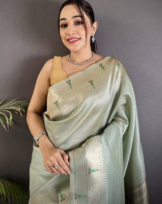 peacock & floral motifs pale blue tissue paithani saree 3