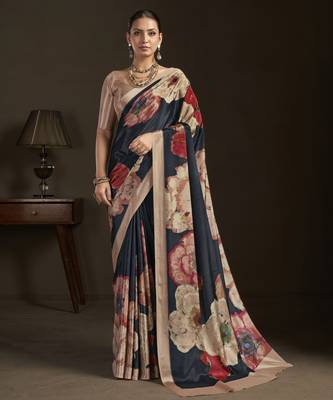 black stylish digital printed silk blend crepe saree trendy looks 1