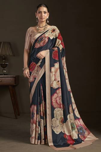 black color stylish digital printed silk blend crepe fabric saree for trendy looks