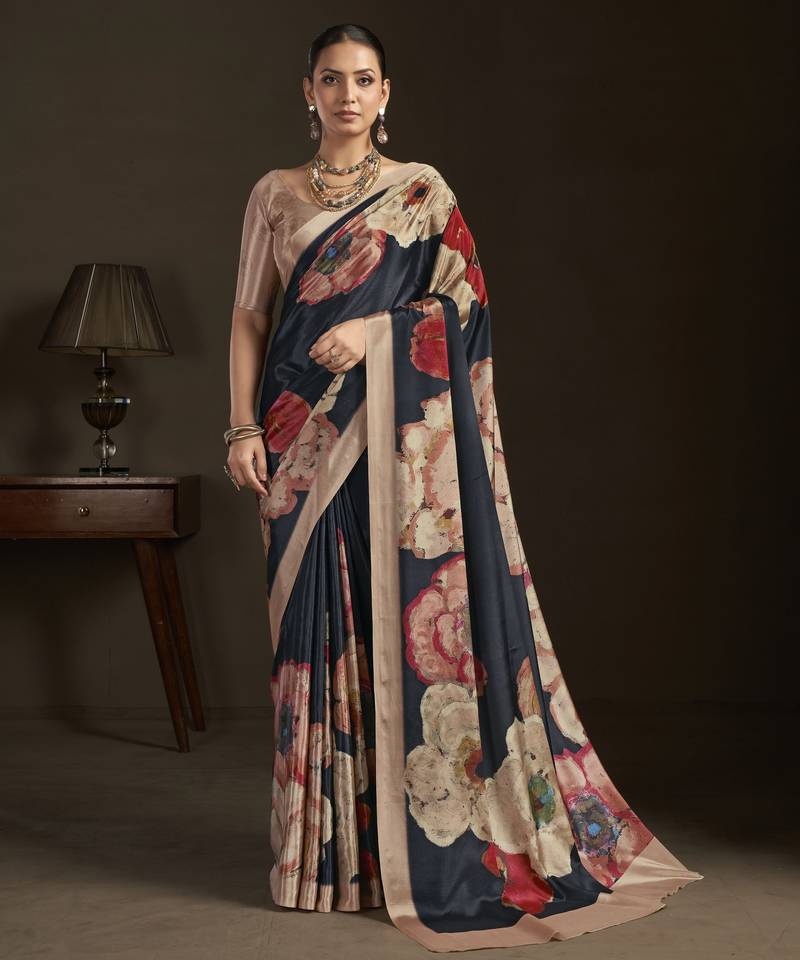 black color stylish digital printed silk blend crepe fabric saree for trendy looks