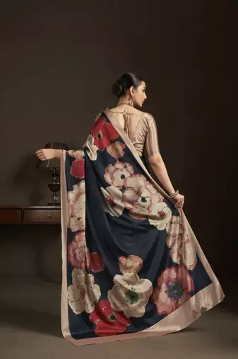 black stylish digital printed silk blend crepe saree trendy looks