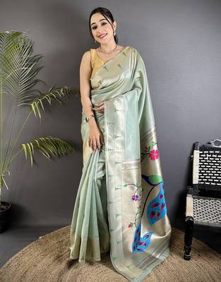 peacock & floral motifs pale blue tissue paithani saree 5