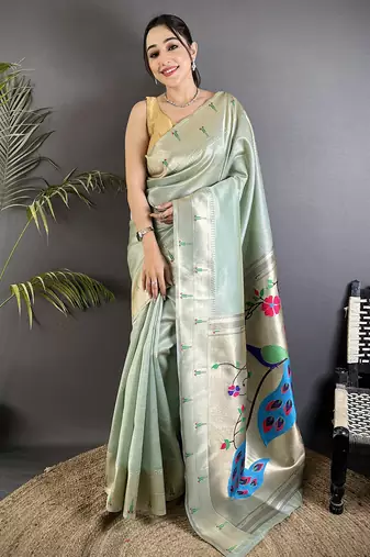 peacock & floral motifs pale blue tissue paithani saree
