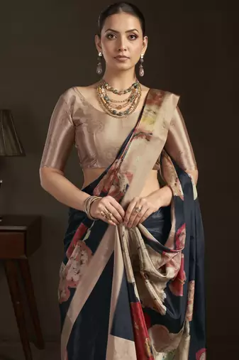 black stylish digital printed silk blend crepe saree trendy looks